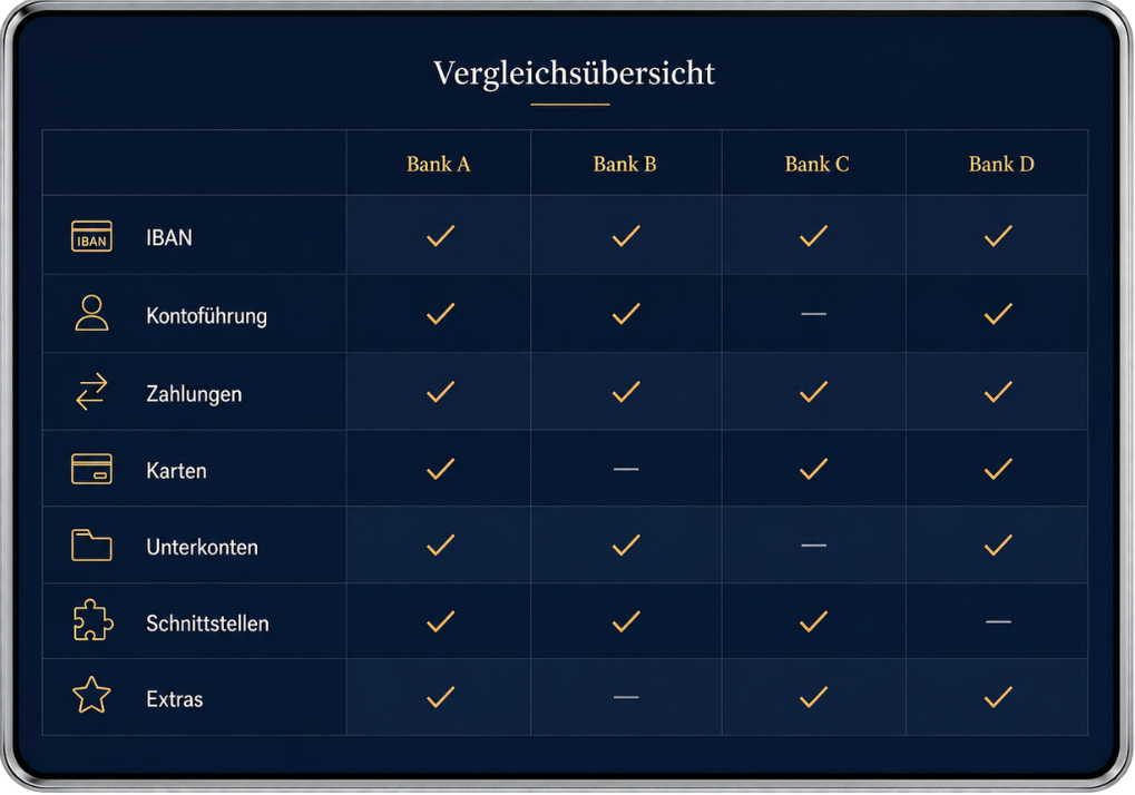 Geschäftskonten im Vergleich — Tablet-Ansicht
